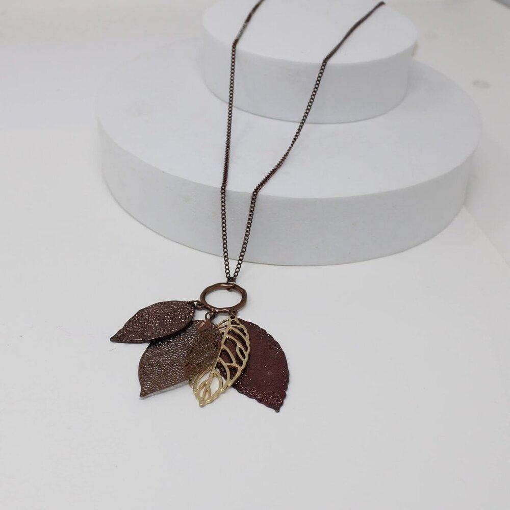 Gold Silver Two Tone Filigree Fall Leaf Pendant Long Necklace Chic Sweater Chain - Picture 8 of 9